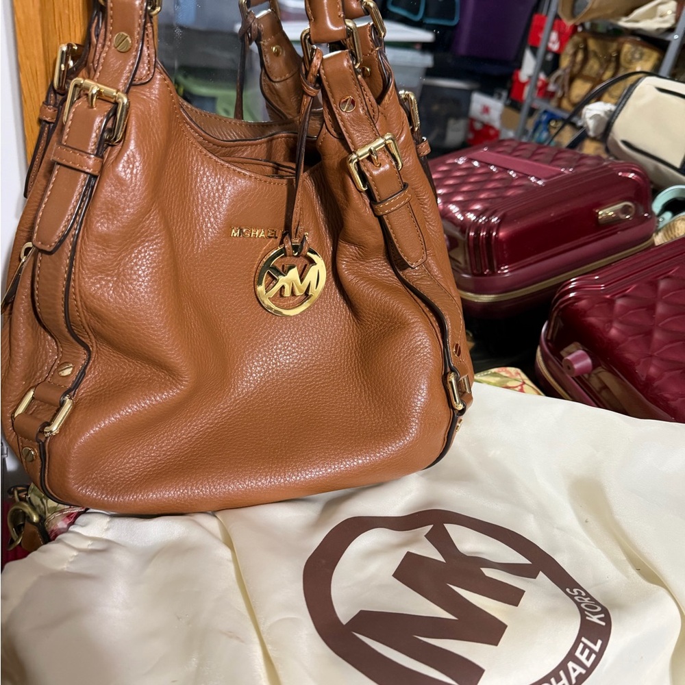 Michael Kors Pebbled Leather Shoulder Bag in Cognac Brown with Gold Hardware